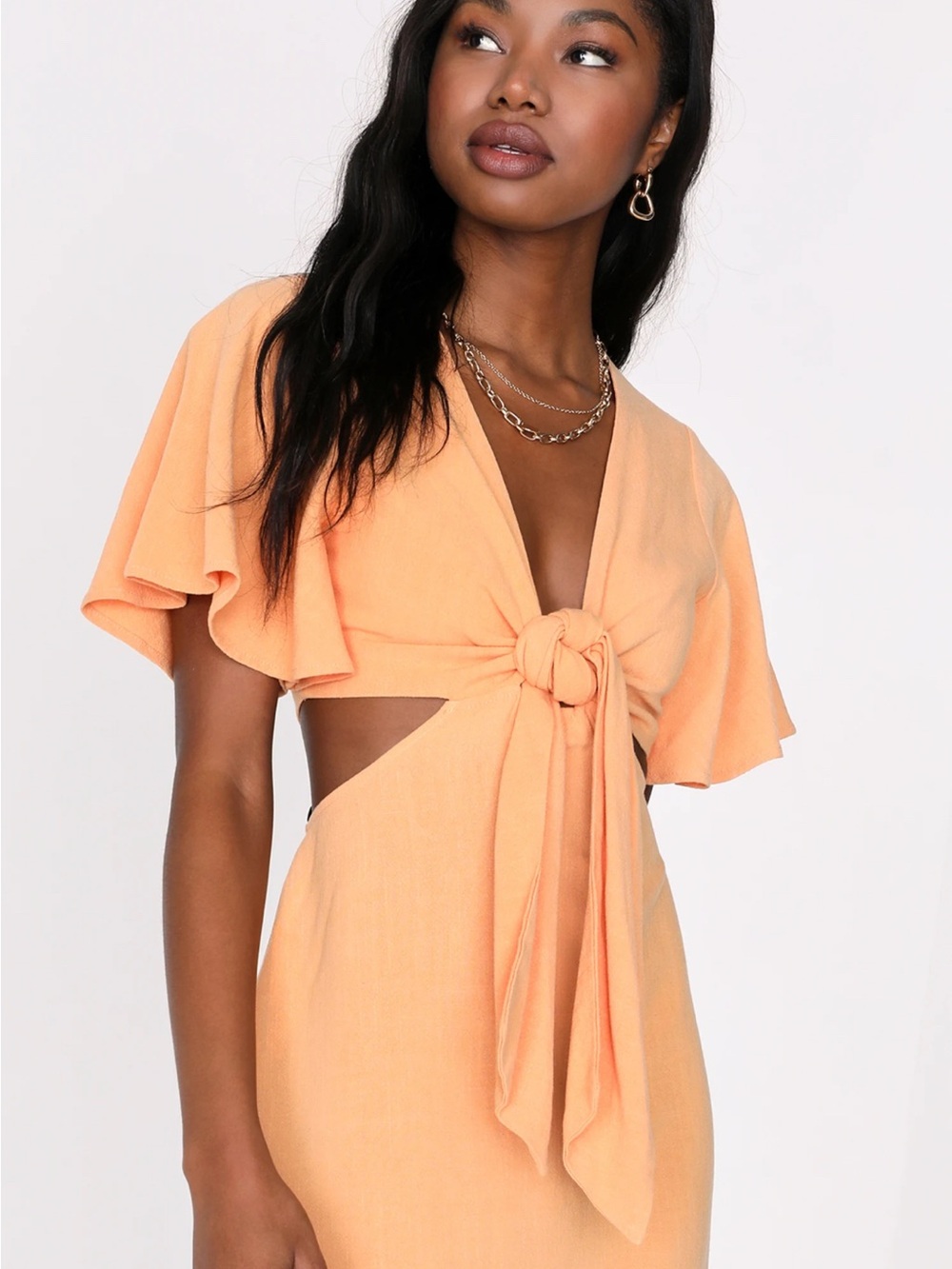 Lulu's Peach Tie-Front Midi Dress